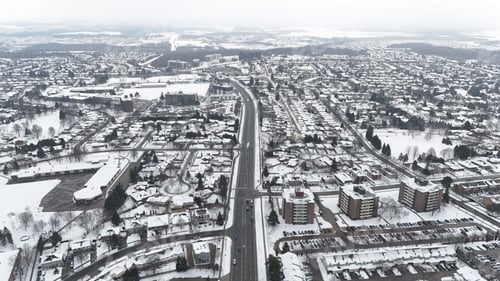 Preview: Aerial view of Kitchener, Ontario, covered in snow during winter