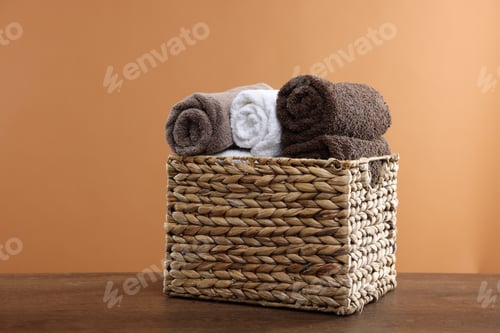 Preview: Clean towels in basket on wooden table against brown background