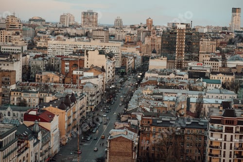 Preview: Sunrise city panorama in Kiev Ukraine aireal view from top of building urban sky