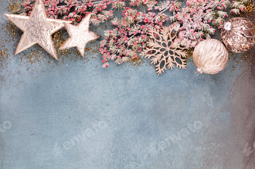 Preview: Christmas composition fir tree branches, gold sterne on blue background.