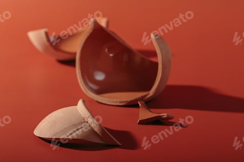 Preview: Details of broken ceramic cup on red background