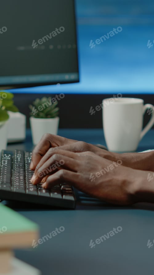 Preview: Close up of black hands coding server interface with binary codes