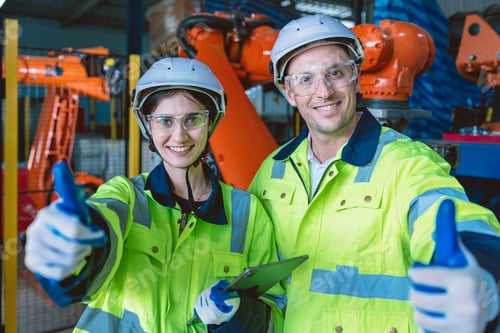 Preview: happy engineer team portrait thumbs up enjoy working together