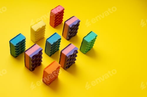 Preview: Army of colored washcloths arranged on a yellow background.