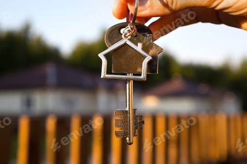 Preview: Key ring with keychain house in hand. Background of fence and cottage