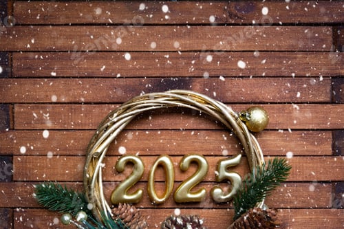 Preview: Happy New Year golden numbers 2025 on cozy festive brown wooden background with sequins, snow, light