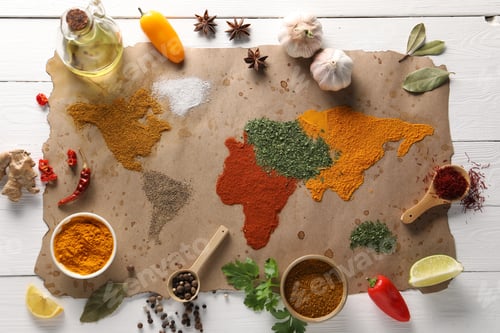 Preview: World map of different spices and products on white wooden table, top view