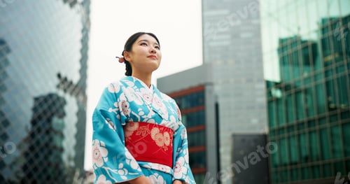 Preview: Thinking, Japanese woman and ideas with decision, buildings and opportunity with wonder, relax and