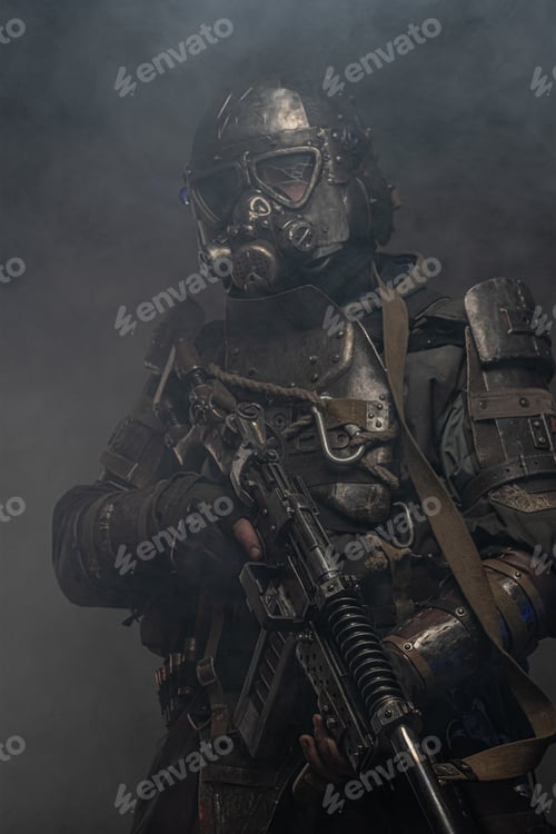 Preview: Cyborg with weapon in mist and smoke