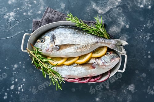 Preview: Raw dorado fresh fish or sea bream with ingredients for making lemon, thyme, garlic, cherry tomato a