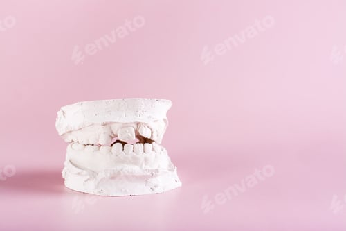 Preview: Dental plaster cast of crooked children's teeth on a pink background