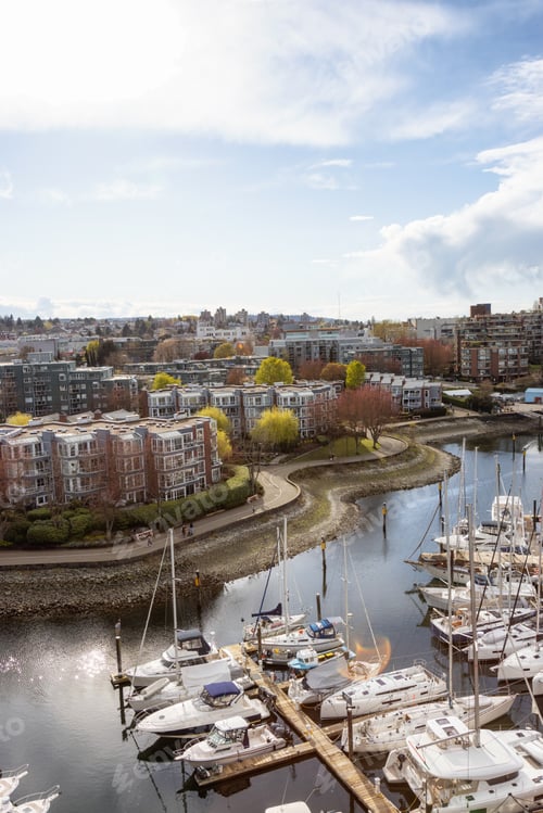 Preview: Aerial View of Residential Homes, Boats in Marina and Modern Cityscape.