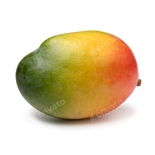 Preview: Single colorful mango on white background close up