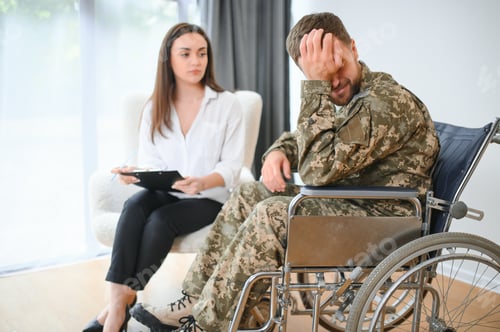 Preview: Talking to doctor. Soldier have therapy session with psychologist indoors