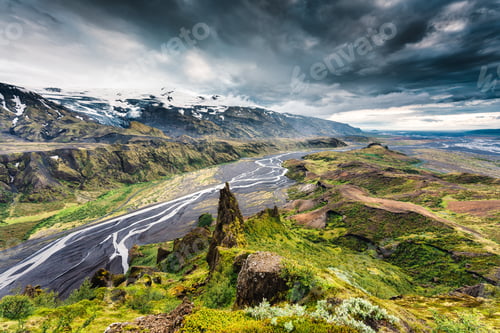 Preview: Valahnukur viewpoint hiking trail with mountain valley and krossa river in icelandic highlands
