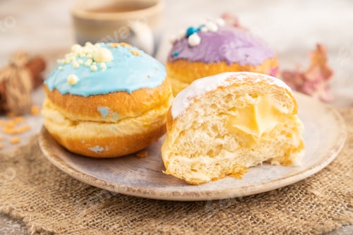 Preview: Purple and blue glazed donut and cup of coffee on brown concrete, side view, selective focus.