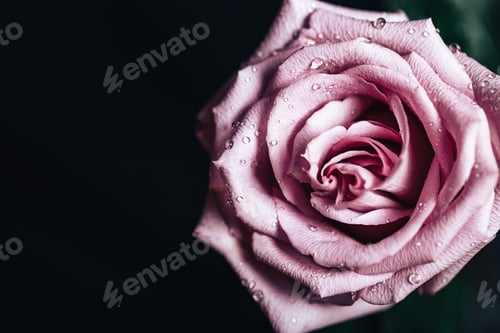 Preview: Beautiful fresh rose of pink color on a black background. Place for text. Photo for a greeting card