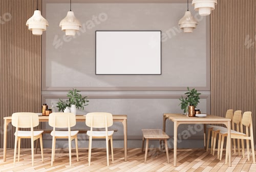 Preview: mock up poster frame in modern interior fully furnished rooms background, Cafe, Dining room,