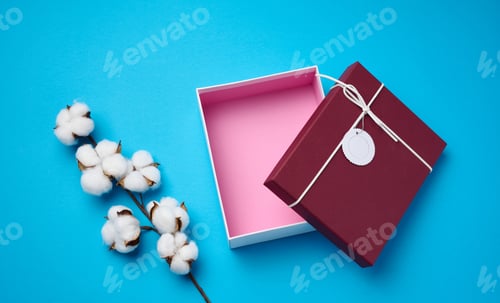 Preview: Empty open cardboard box for gifts and a twig with cotton flowers on a blue background, top view