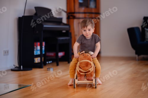 Preview: Little happy toddler boy in t-shirt riding brown toy horse