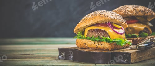 Preview: Homemade hamburgers on wooden background, space for text