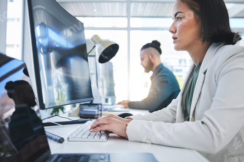 Preview: Computer, business and employees working in a company or startup agency typing online document or r