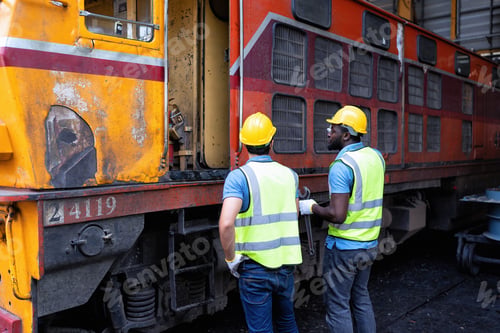 Preview: Railroad train maintenance engineer look around discussion with team how to start maintenance work
