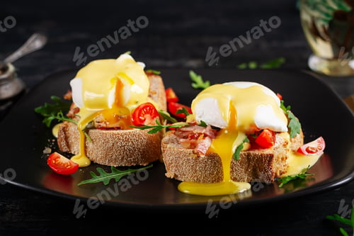 Preview: Breakfast. Sandwich with ham, poached egg, onion and arugula