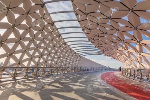 Preview: Modern architectural urbanistic Atyrau fish bridge across Ishim river. Pedestrian bridge with