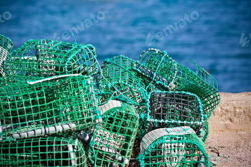 Preview: Lobster and Crab traps stack in a port