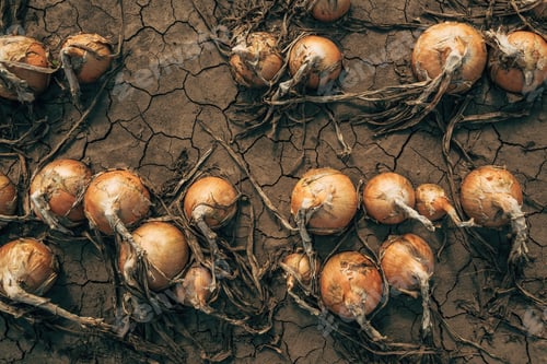 Preview: Ripe onion drying on plantation field, top view