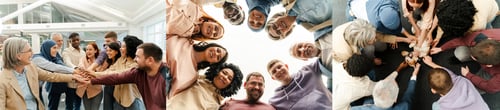 Preview: Group portrait smiling multinational business people looking at camera. Colleagues in modern office
