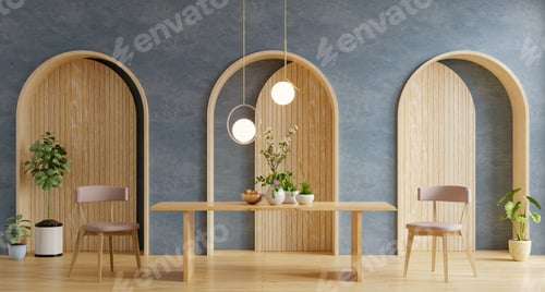 Preview: Modern dining room interior design with dark blue wall..