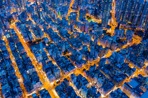 Preview: Sham Shui Po, Hong Kong 06 August 2020: Top view of Hong Kong city at night