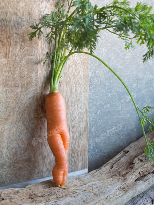 Preview: unusual carrot shape as a sexy female legs on wood surface upstanding with green leaves