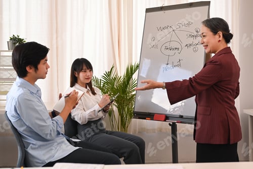 Preview: Confident senior manager explaining new project and discussing corporate business plan