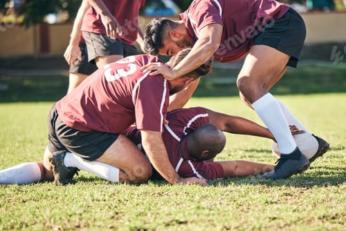 Preview: Rugby, sports and training with a team on a field together for a game or match in preparation of a