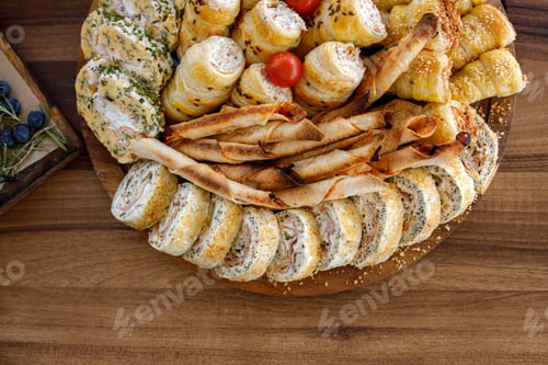 Preview: Variety of delicious baked goods served on a wooden platter