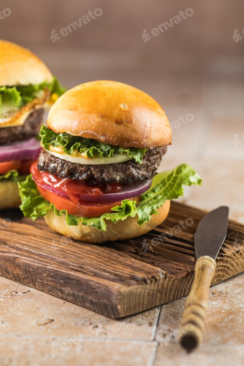 Preview: Delicious juicy grilled burger on wheat buns. Studio macro shot.Food Feast Party.