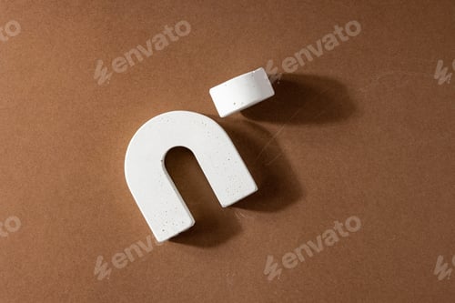 Preview: Abstract background with white geometric forms and podium . Circle and arch on brown