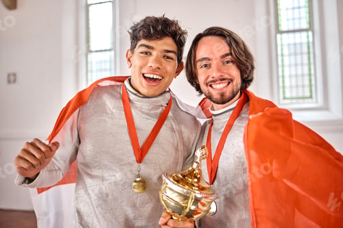 Preview: Flag, fencing and portrait of men with trophy for winning competition, challenge and sports match.