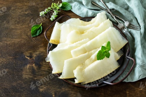 Preview: Fresh melons sliced to pieces on rustic wooden table.