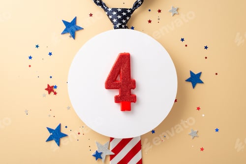 Preview: Top view showcasing a necktie adorned with the American flag motif, number four candle