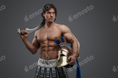 Preview: Strong swordsman from antique greece against grey background