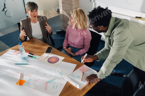 Preview: Marketing team analyzing financial reports and planning new strategy during a meeting