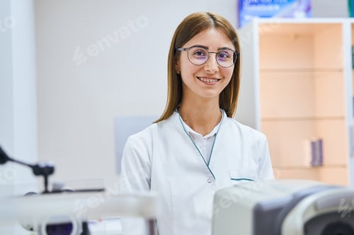 Preview: Cheerful female doctor standing by autorefractor in clinic