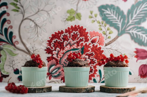 Preview: Three Chocolate cakes in the cup with currants and sugar glass.
