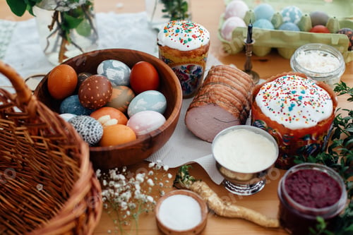 Preview: Easter modern eggs, easter bread, ham, beets, butter, green branches and flowers