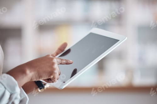 Preview: Woman pharmacist with tablet, typing in clinic and research for medical information, email or onlin