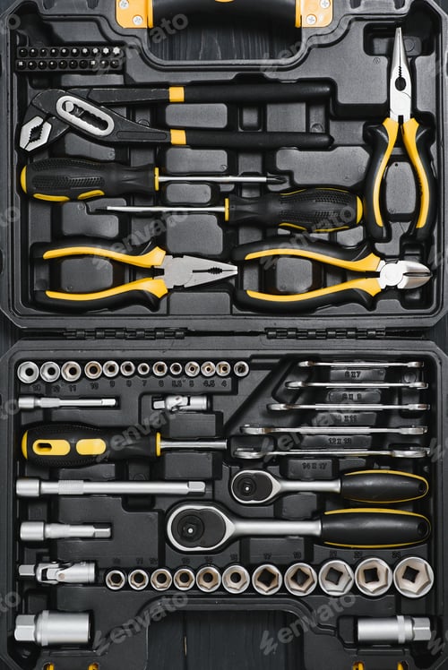 Preview: Set of tools for car repair in box, closeup.